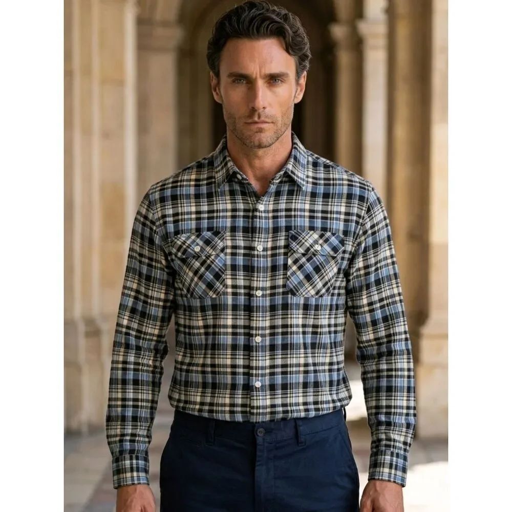 Chaps Men's Blue Plaid Flannel Fitted Western Button Down Long Sleeve Shirt Nice